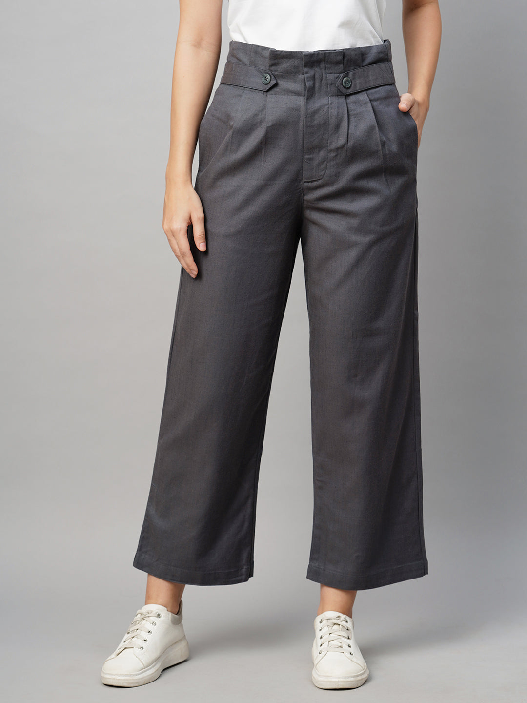 Women's Grey Viscose Cotton Linen Straight Fit Pant