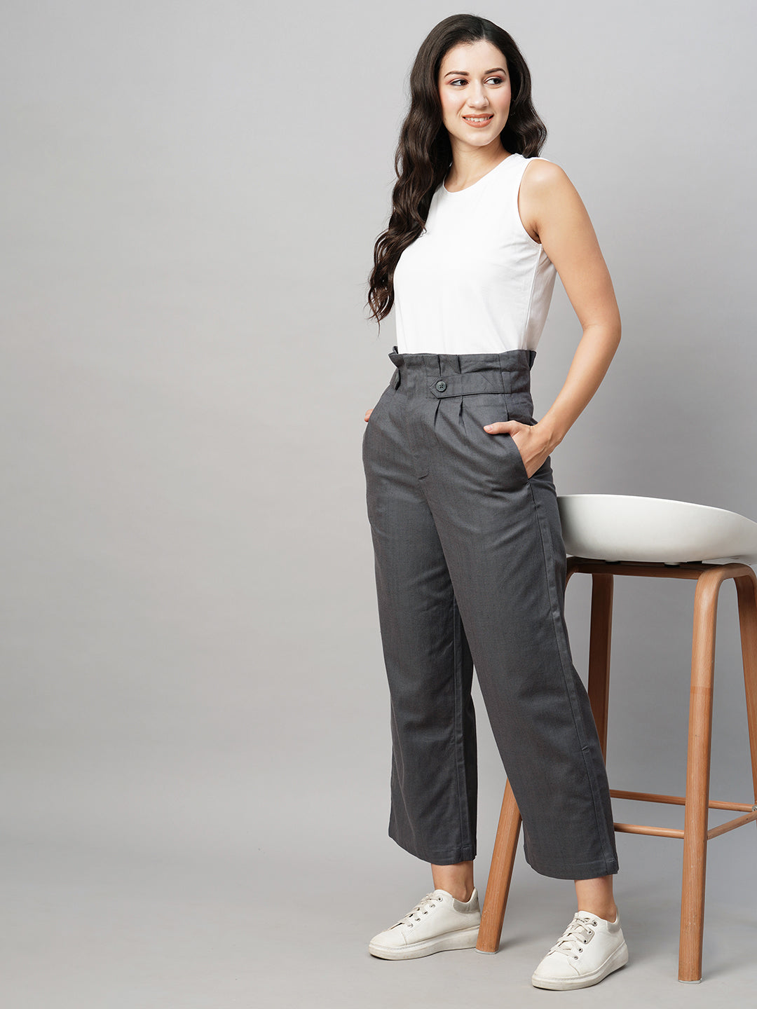 Women's Grey Viscose Cotton Linen Straight Fit Pant