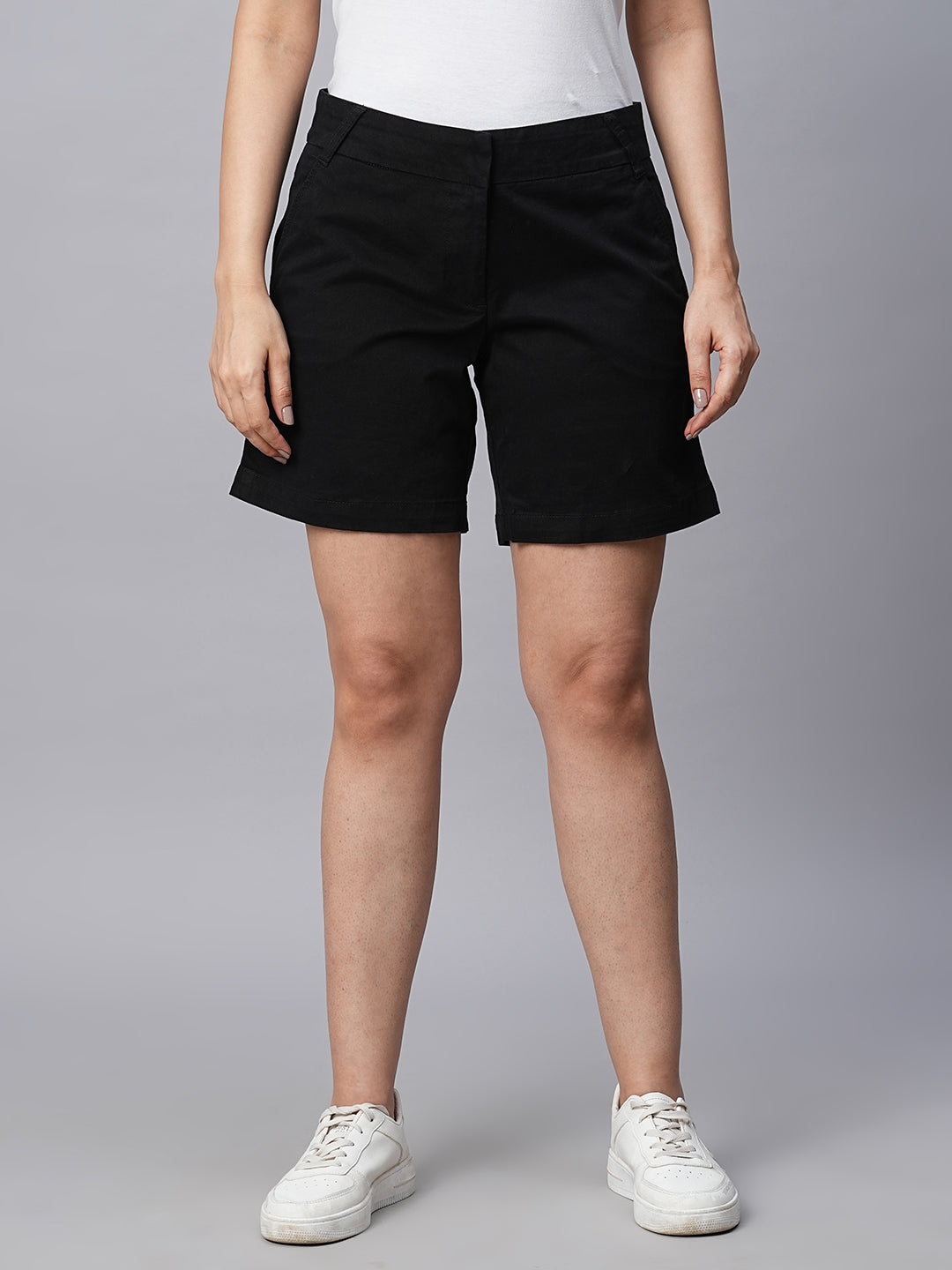 Women's Black Cotton Lycra Regular Fit Shorts - Main Image