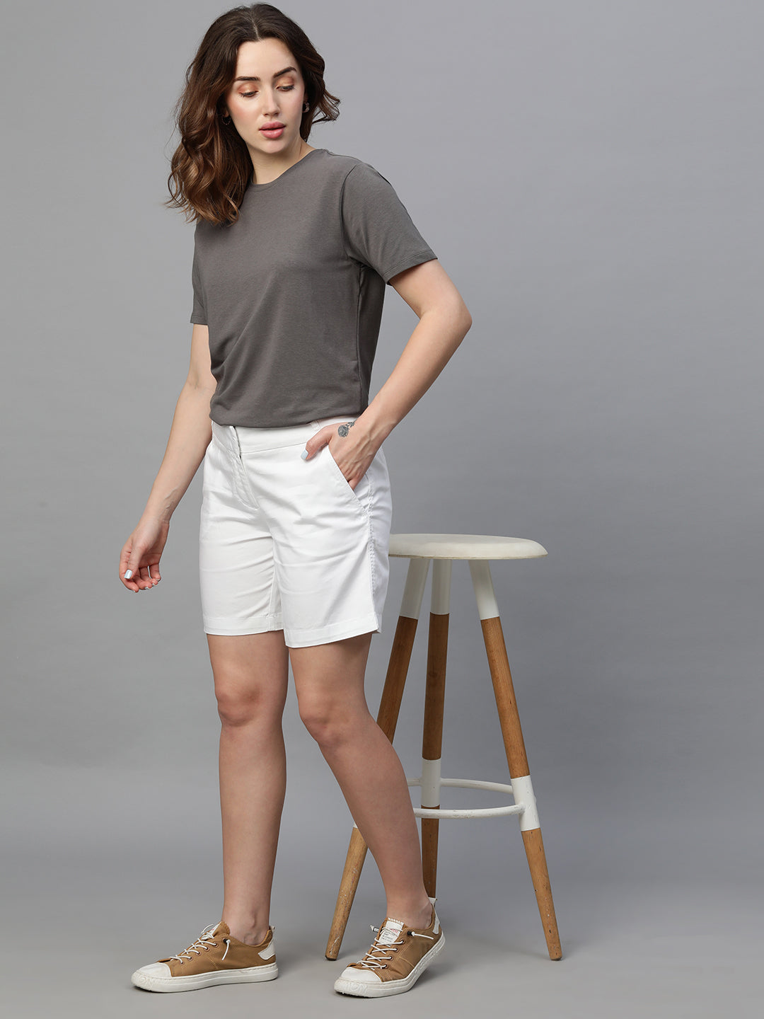 Women's White Cotton Elastane Regular Fit Shorts - Main Image