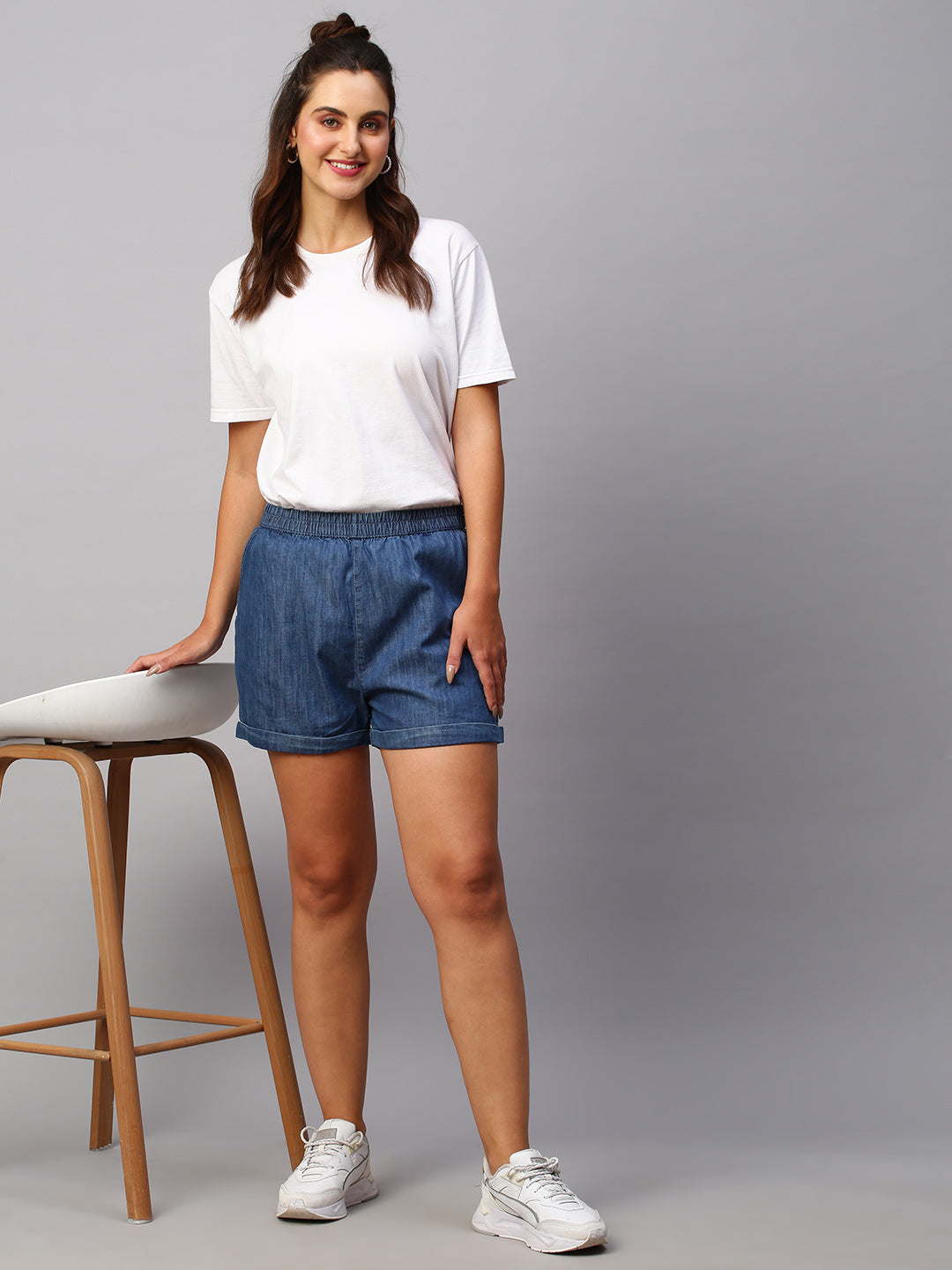 Women's Denim Blue Cotton Viscose Regular Fit Shorts