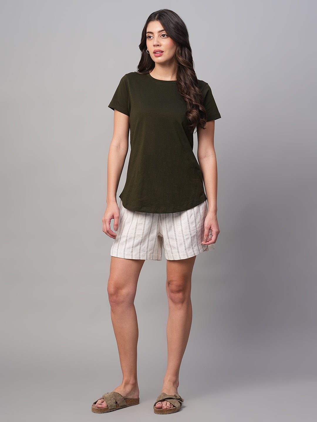 Women's Olive Cotton Linen Regular Fit Shorts - Main Image