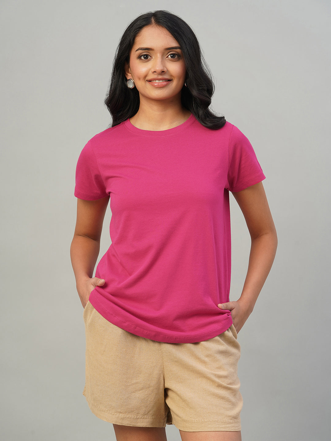 Women's Pink 100% Cotton Slim Fit Tshirt - Main Image
