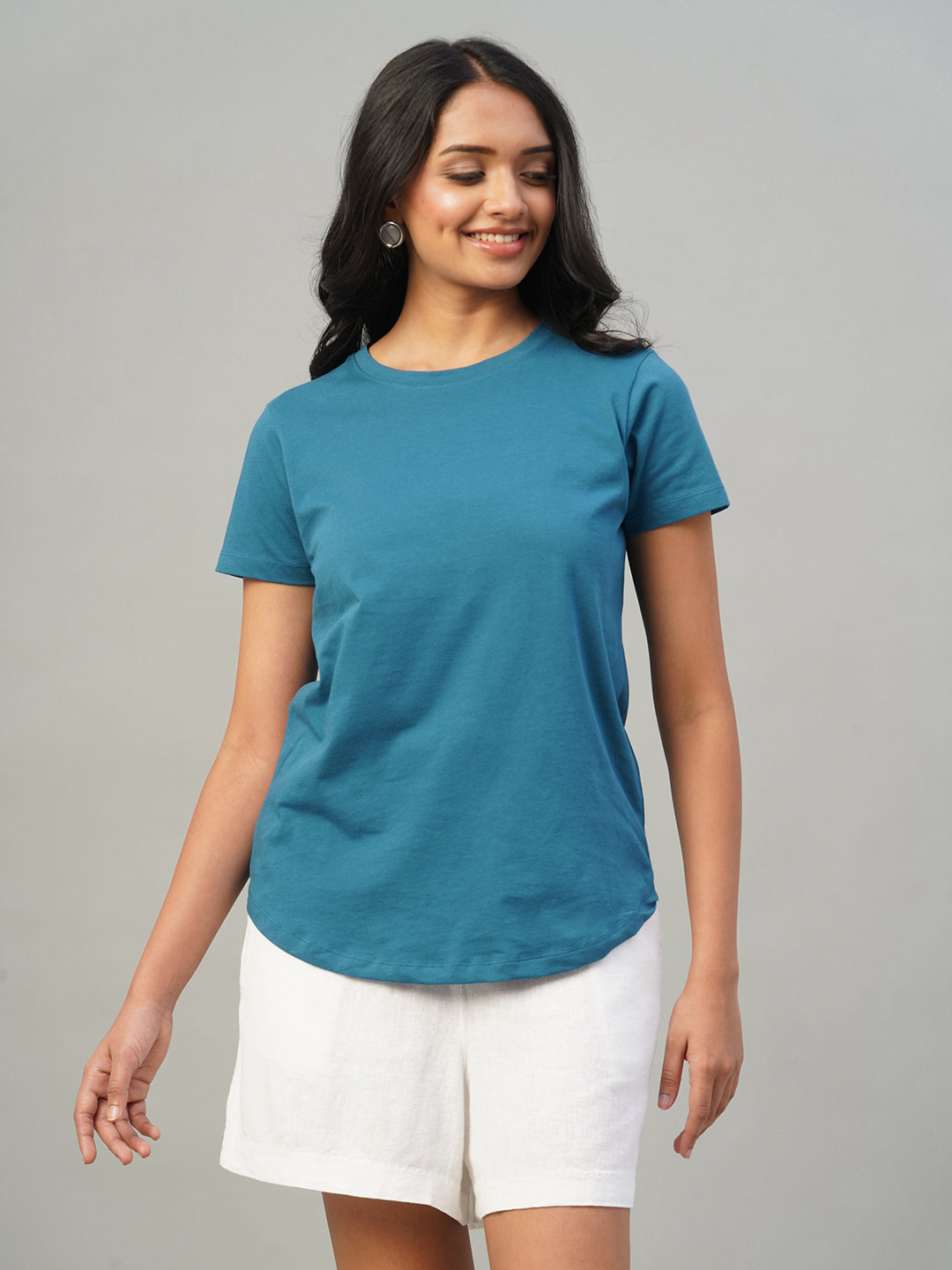 Women's Teal Blue 100% Cotton Slim Fit Tshirt