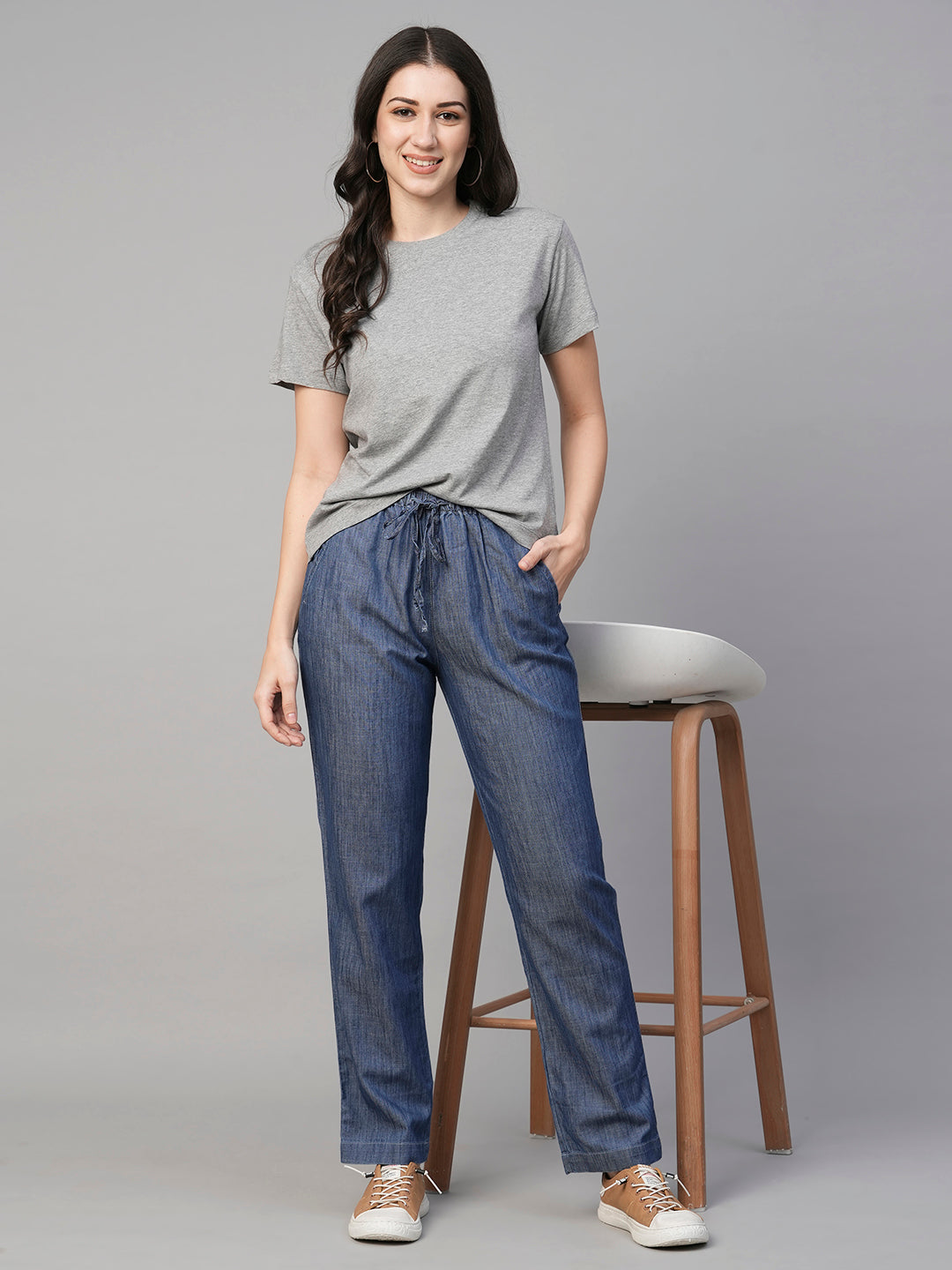 Women's Grey Melan Cotton  Regular Fit Tshirt