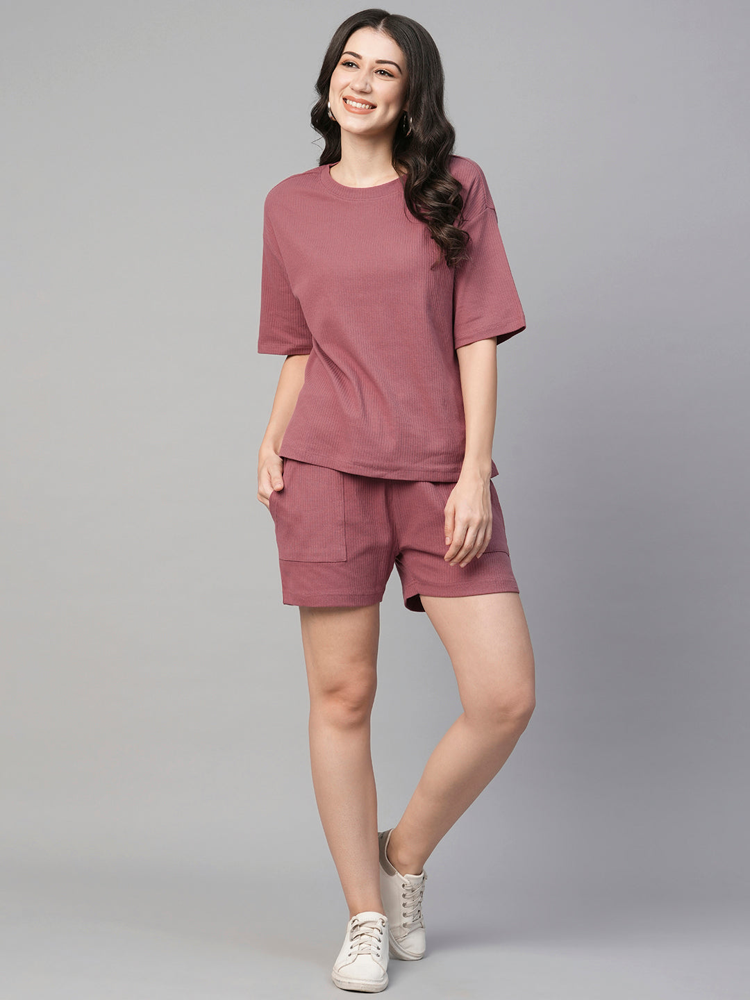 Women's Wine Cotton Elastane Regular Fit Knit Shorts