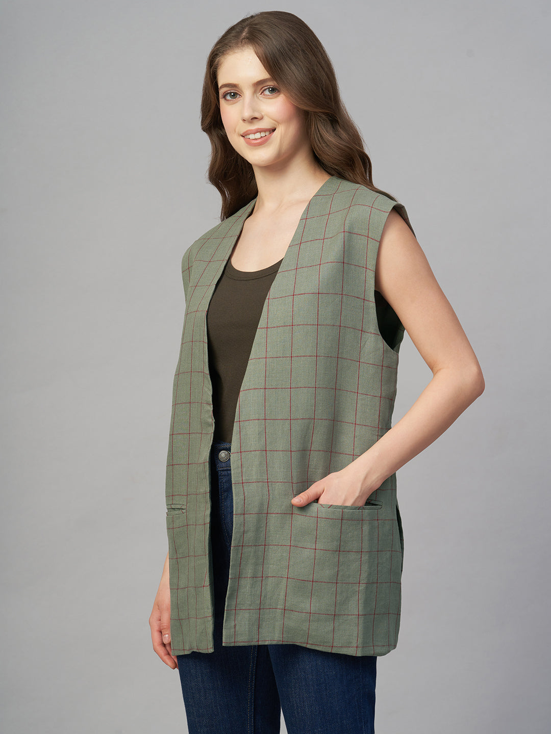 Women's Olive 100% Linen Boxy Fit Waistcoat
