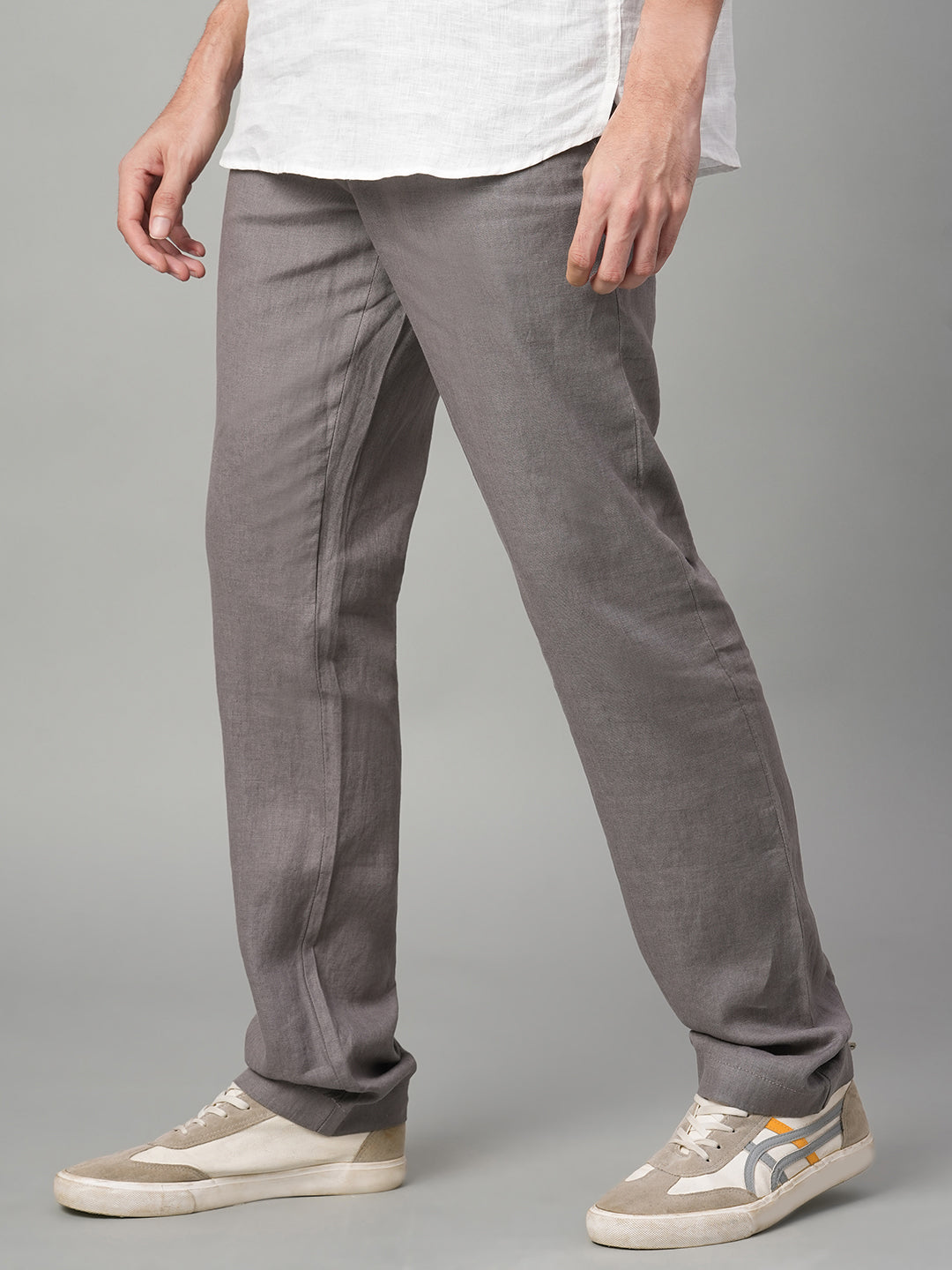 Men's Grey 100% Linen Regular Fit Pant