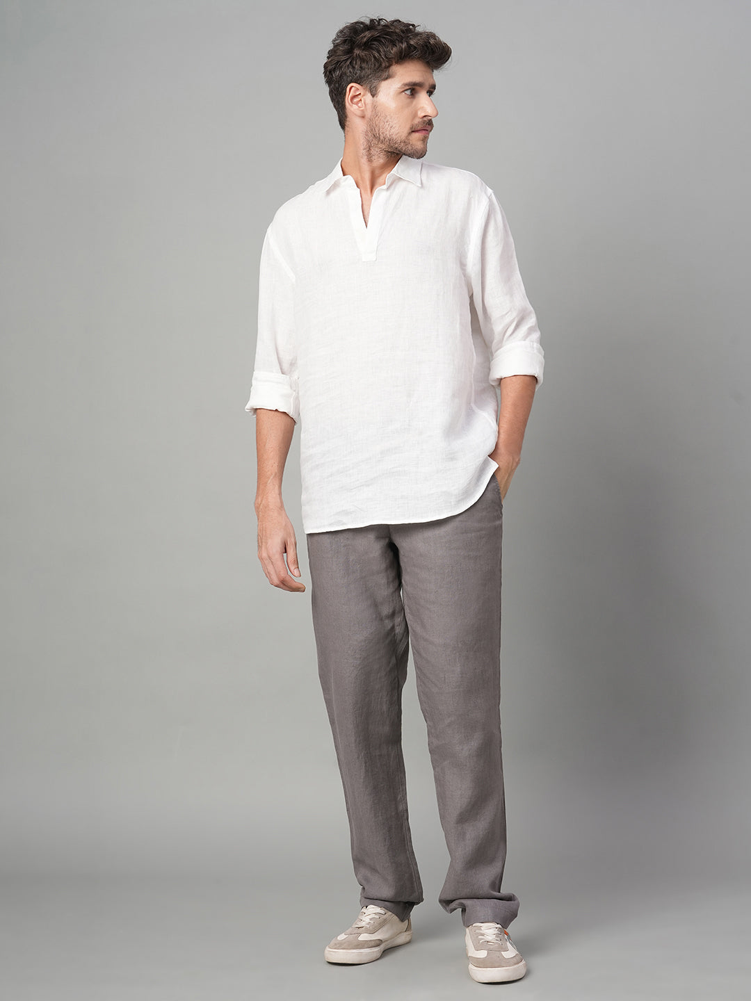 Men's Grey 100% Linen Regular Fit Pant