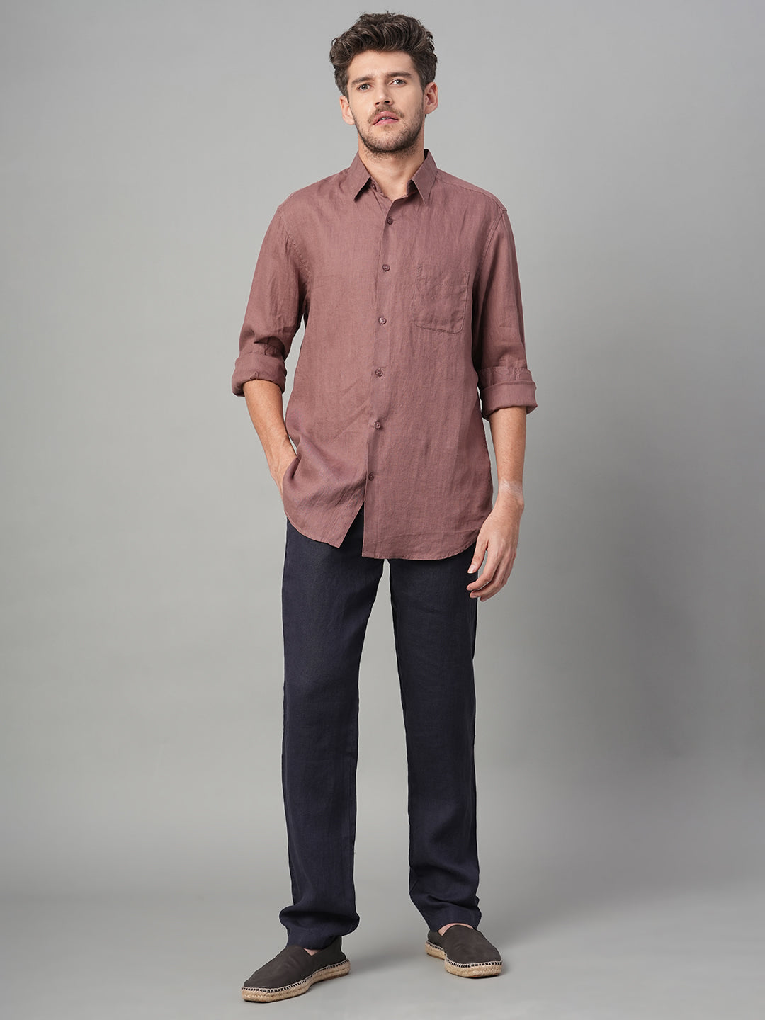 Men's Navy 100% Linen Regular Fit Pant