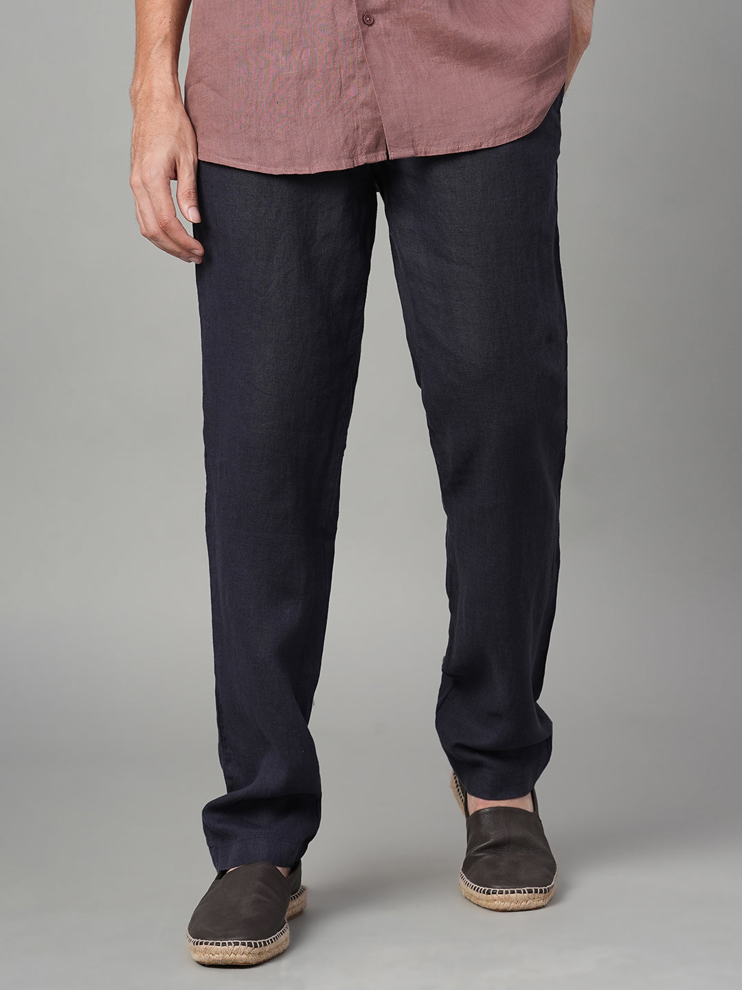 Men's Navy 100% Linen Regular Fit Pant