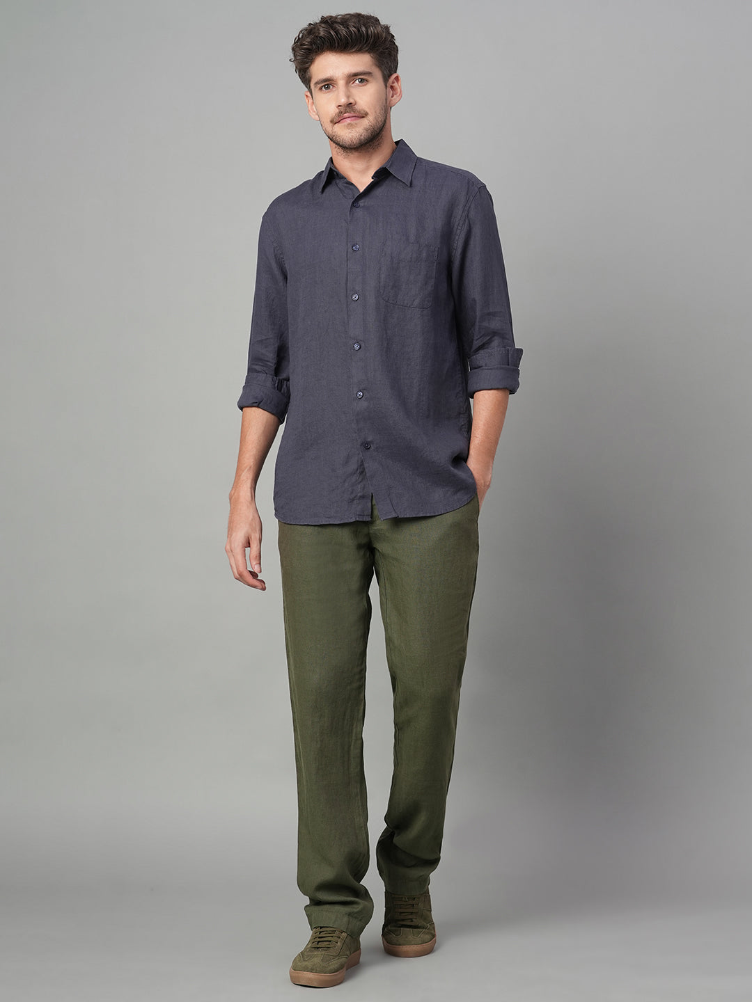 Men's Olive 100% Linen Regular Fit Pant