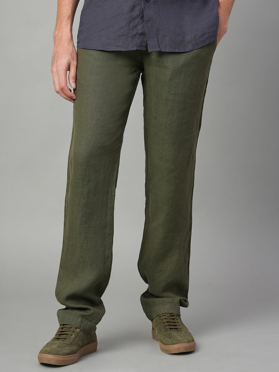 Men's Olive 100% Linen Regular Fit Pant