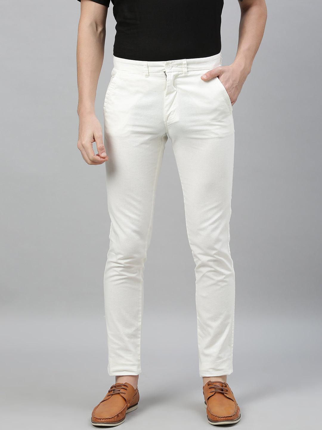 Men's White Cotton Linen Slim Fit Pant