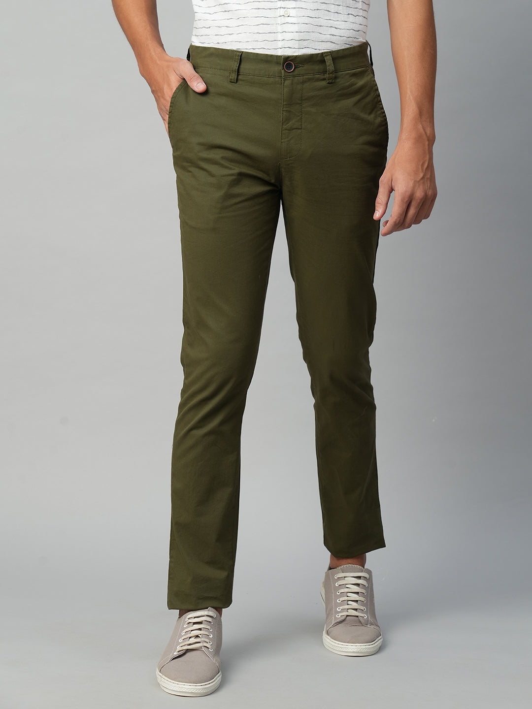 Men's Olive Cotton Lycra Slim Fit Pant