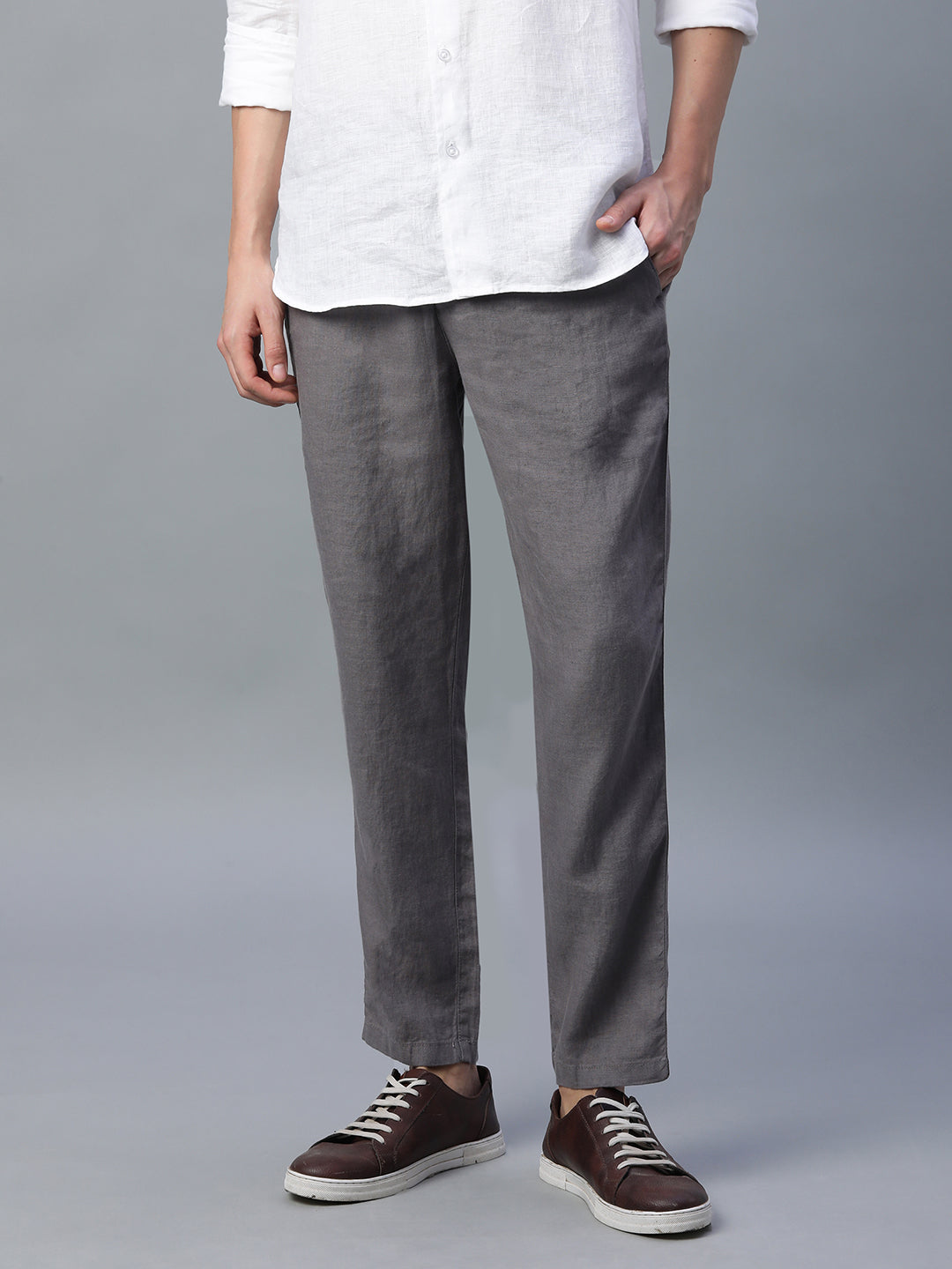 Men's Grey 100% Linen Regular Fit Pant