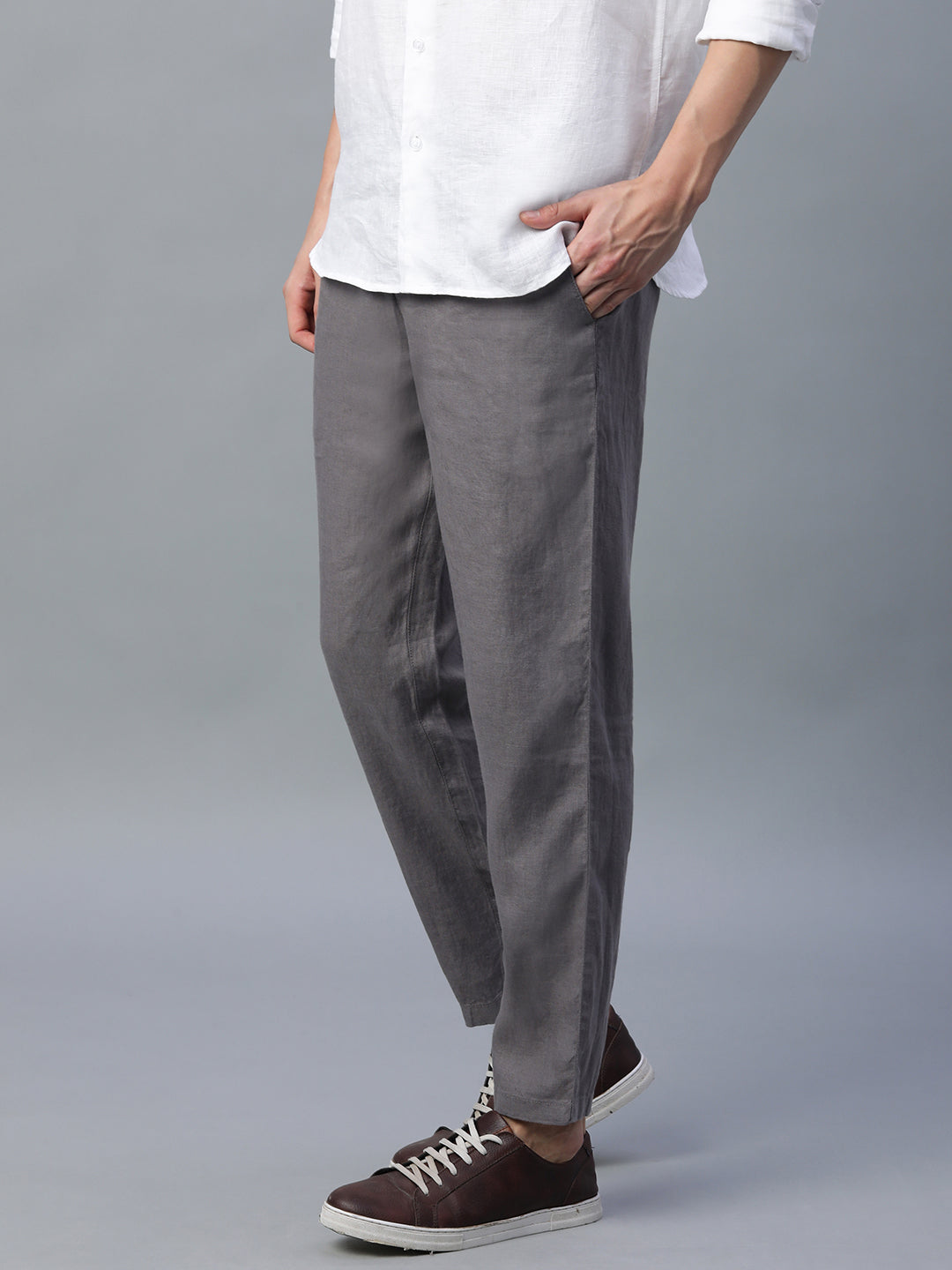 Men's Grey 100% Linen Regular Fit Pant