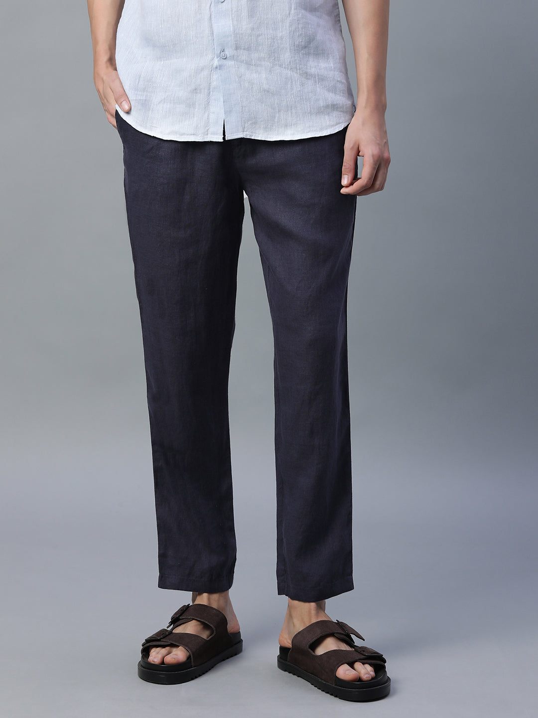 Men's Navy 100% Linen Regular Fit Pant