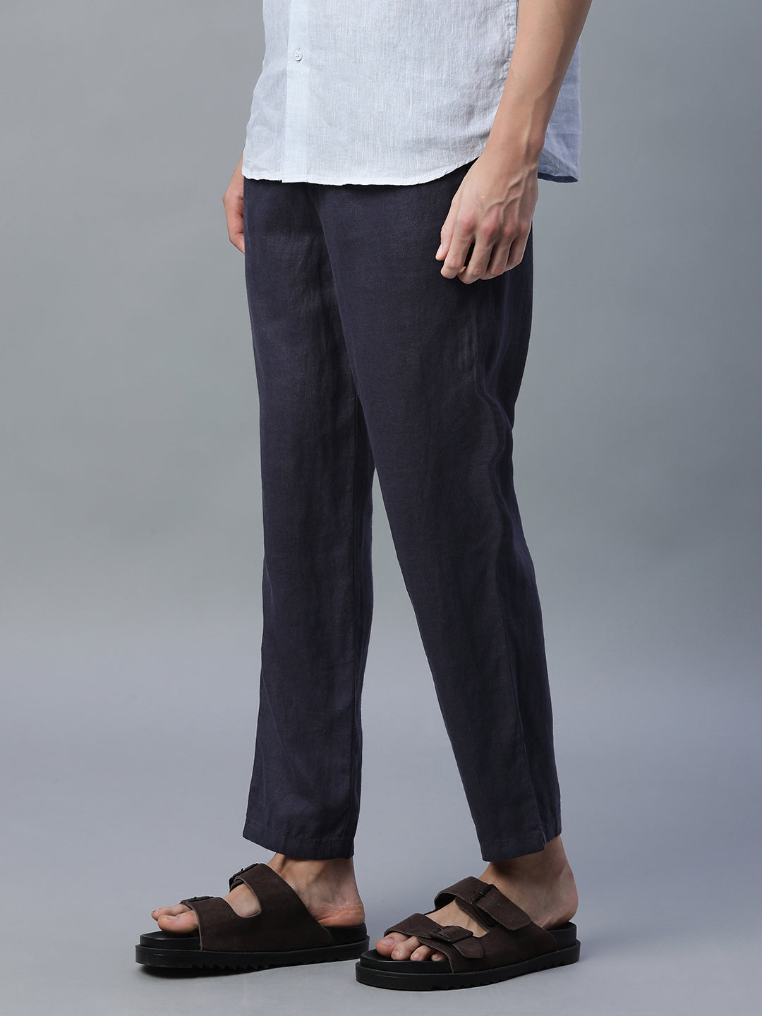 Men's Navy 100% Linen Regular Fit Pant