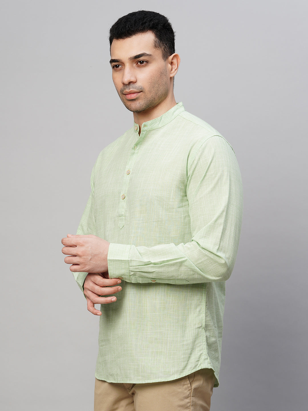Men's Green Cotton Regular Fit Kurta Checked Shirt