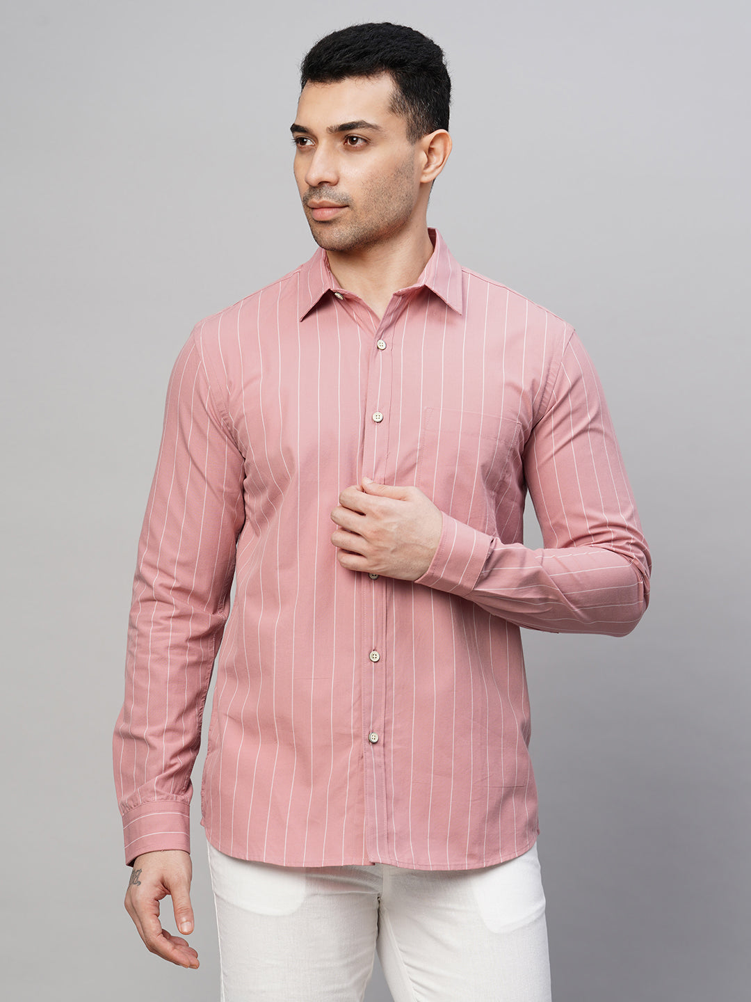 Men's Pink Cotton Regular Fit Striped Shirt