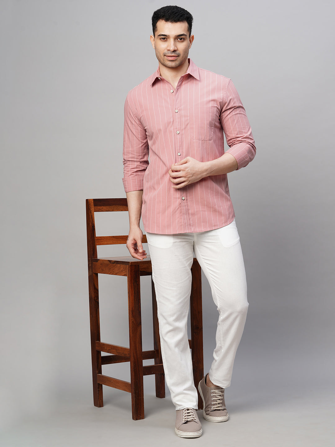 Men's Pink Cotton Regular Fit Striped Shirt