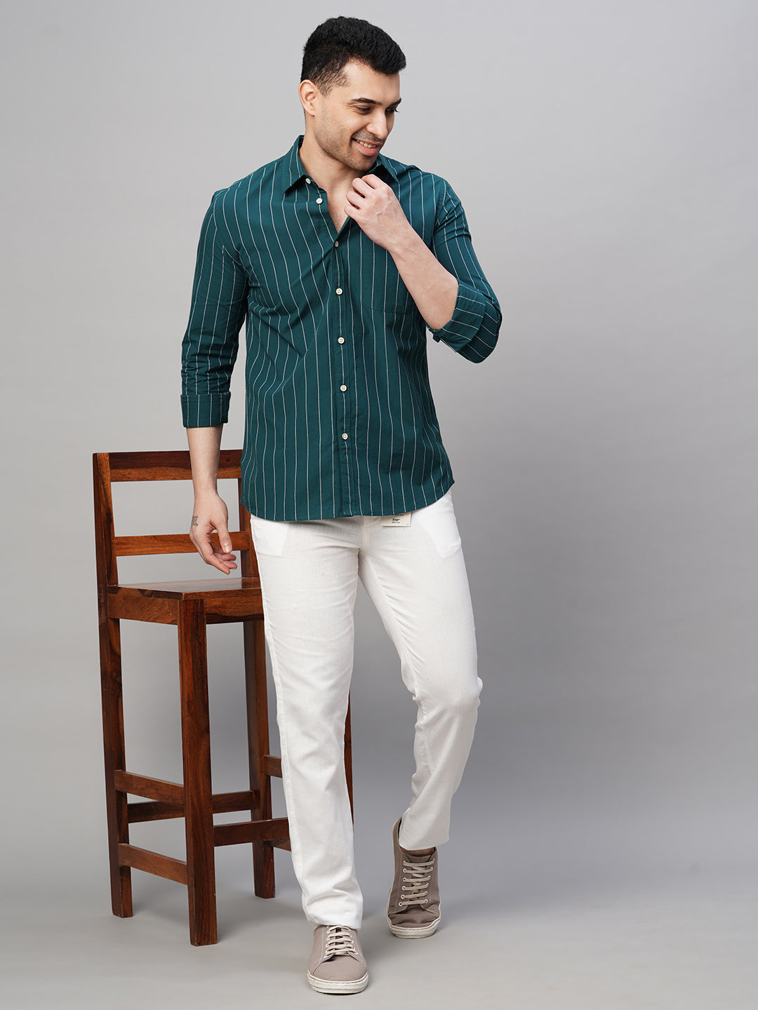 Men's Teal Cotton Regular Fit Striped Shirt