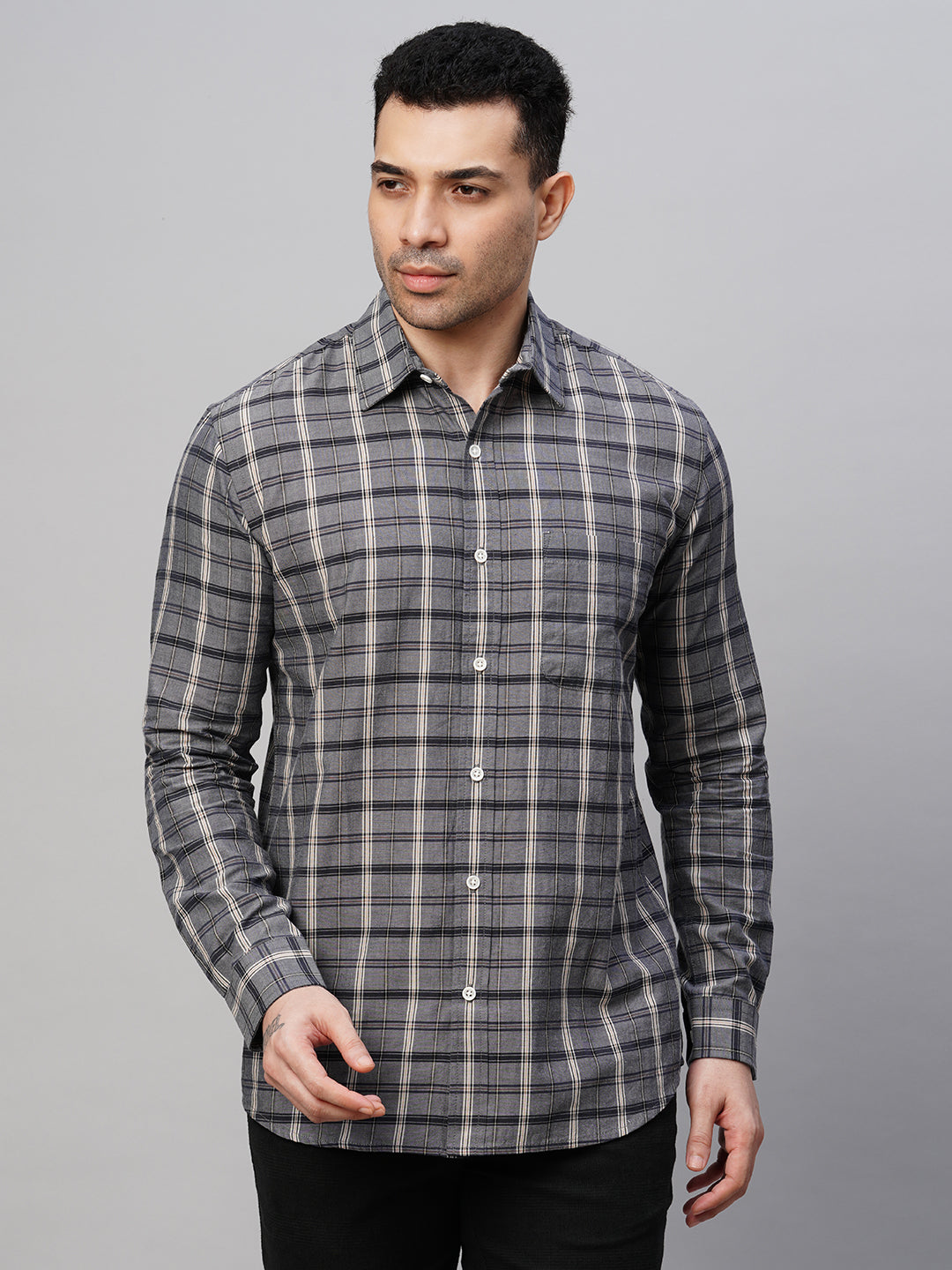 Men's Grey Cotton Regular Fit Checked Shirt