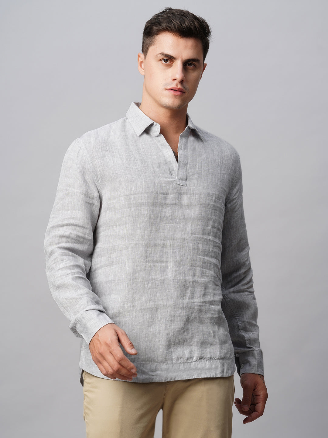Men's Grey 100% Linen Kurta Shirt