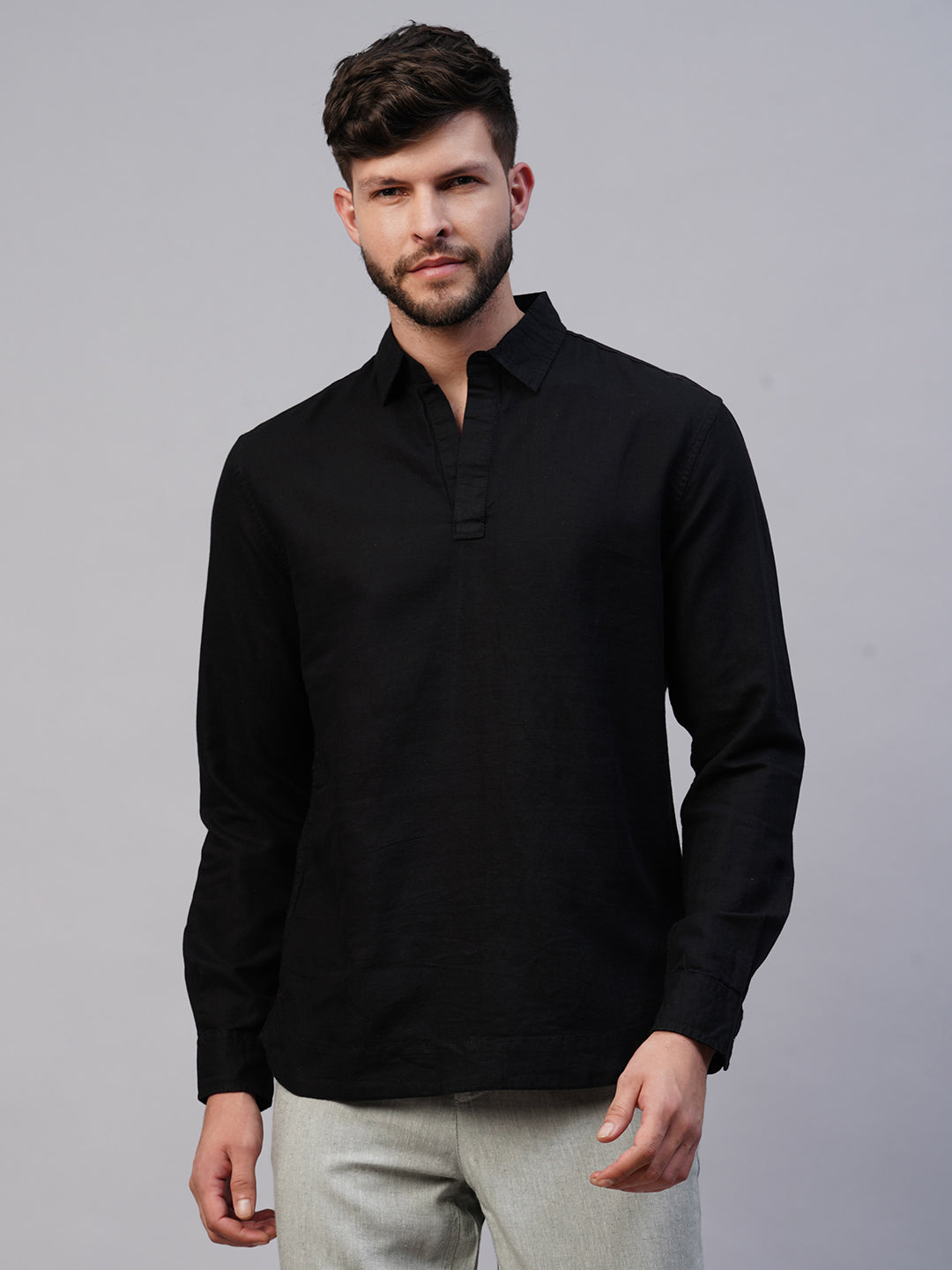 Men's Black 100% Linen Regular Fit Kurta Shirt