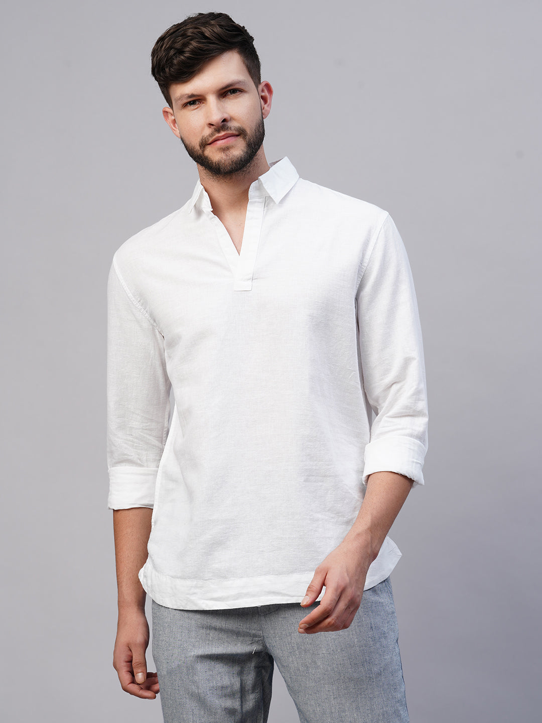 Men's White 100% Linen Regular Fit Kurta Shirt