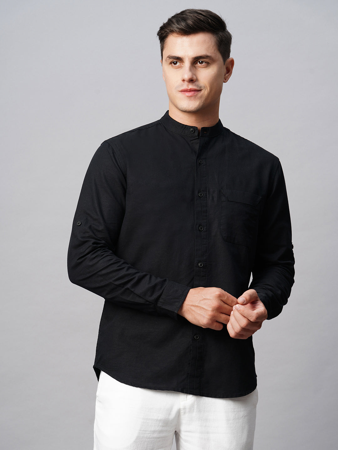 Men's Black Cotton Linen Regular Fit Shirt