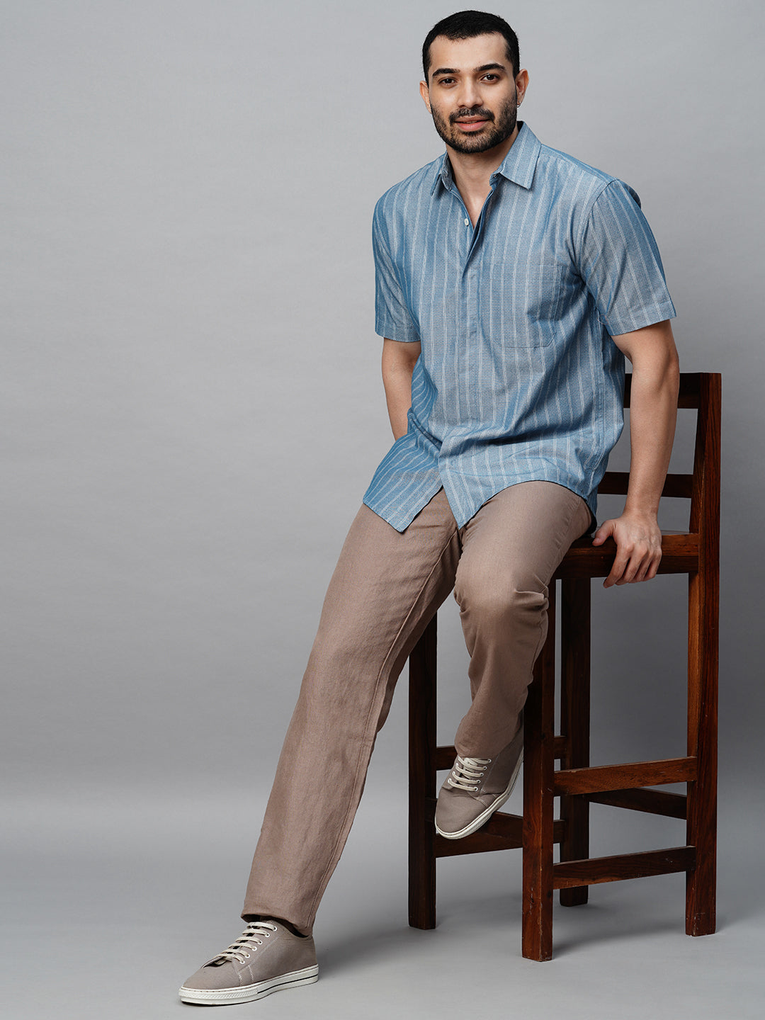 Men's Blue Cotton Regular Fit Striped Shirt