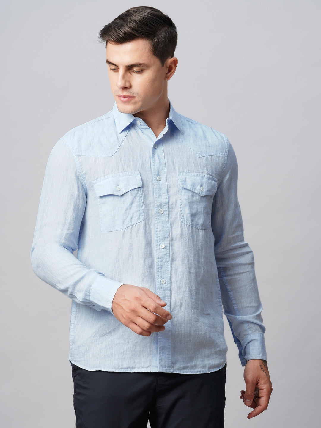Men's 100% Linen Sky Blue Regular Fit Long Sleeved Shirt