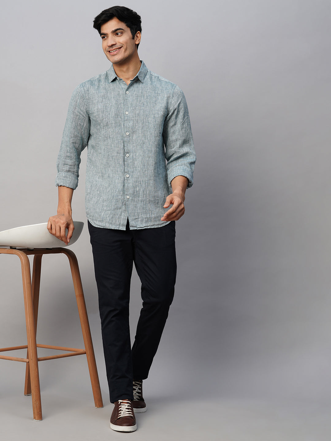 Men's Green 100% Linen Slim Fit Long Sleeved Shirt