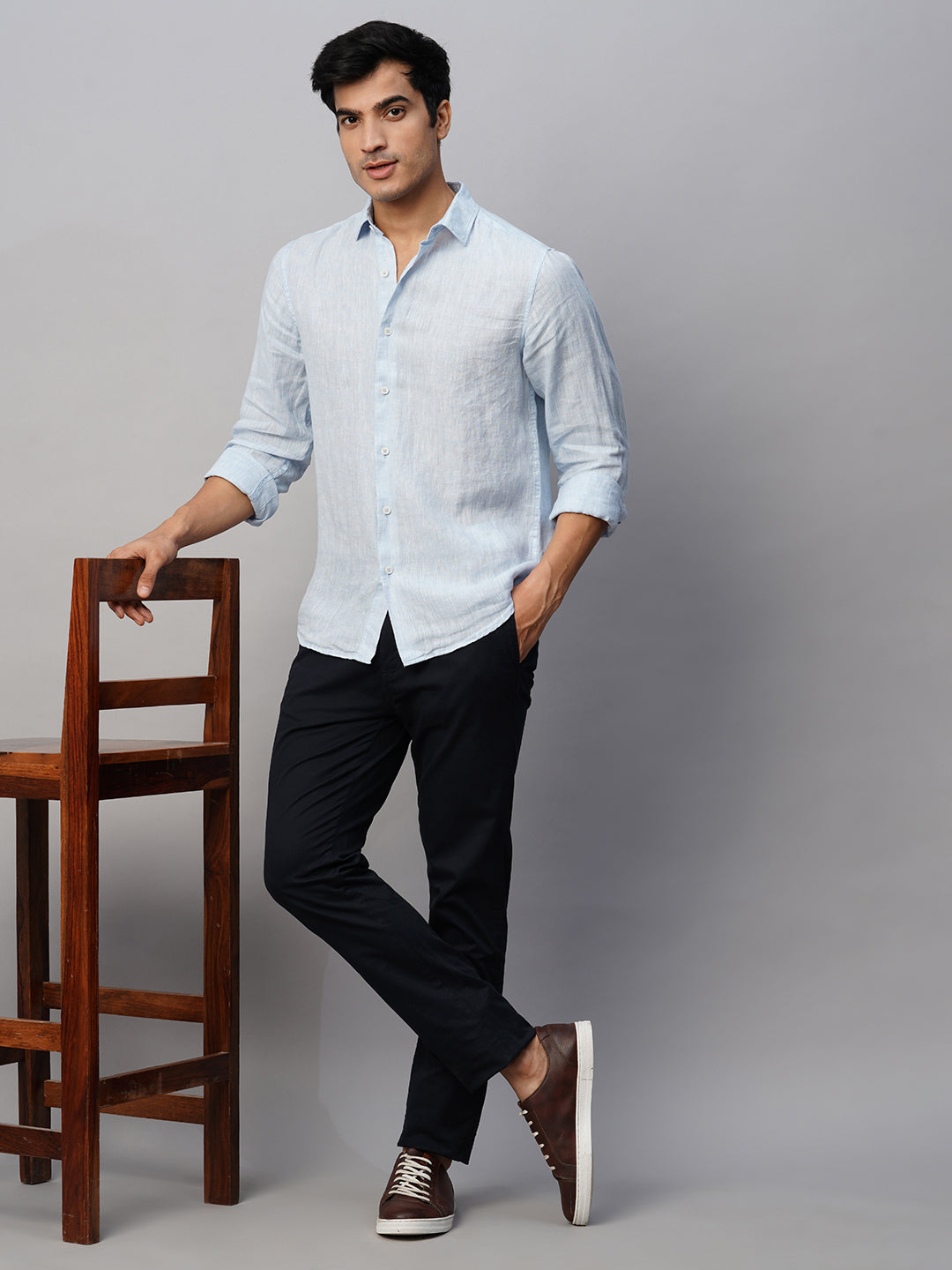 Men's Sky Blue 100% Linen Slim Fit Long Sleeved Shirt