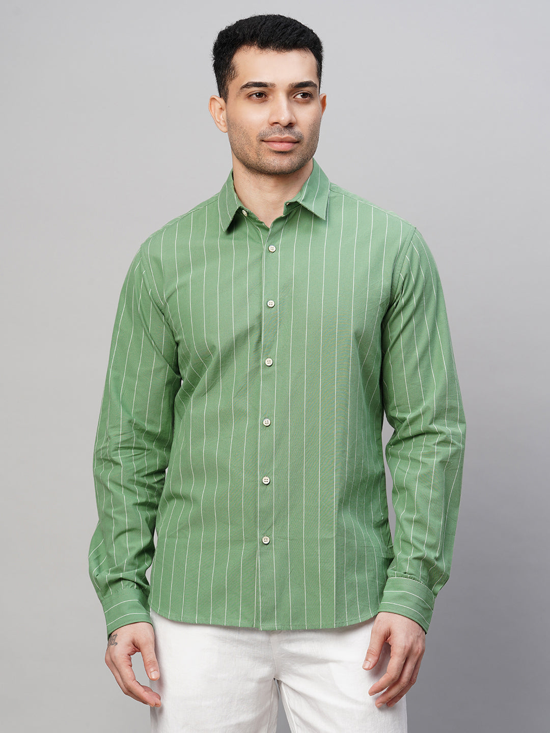 Men's Green Cotton Slim Fit Striped Shirt