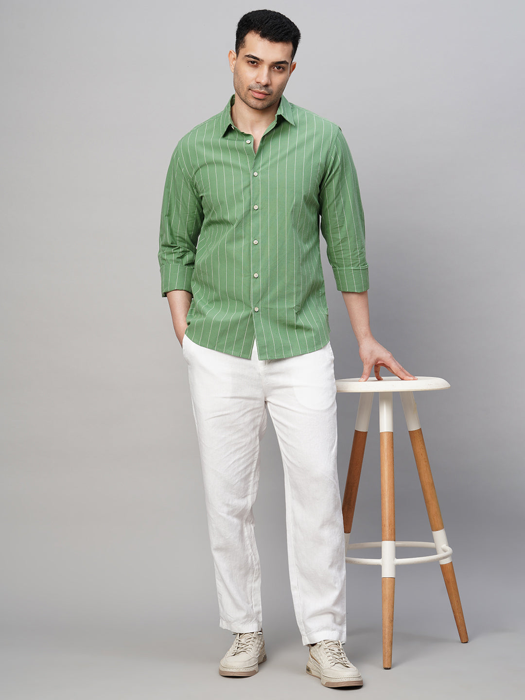 Men's Green Cotton Slim Fit Striped Shirt