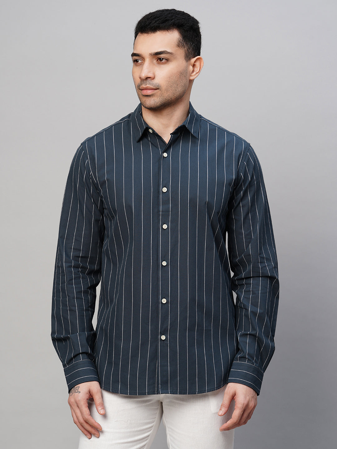 Men's Navy Cotton Slim Fit Striped Shirt