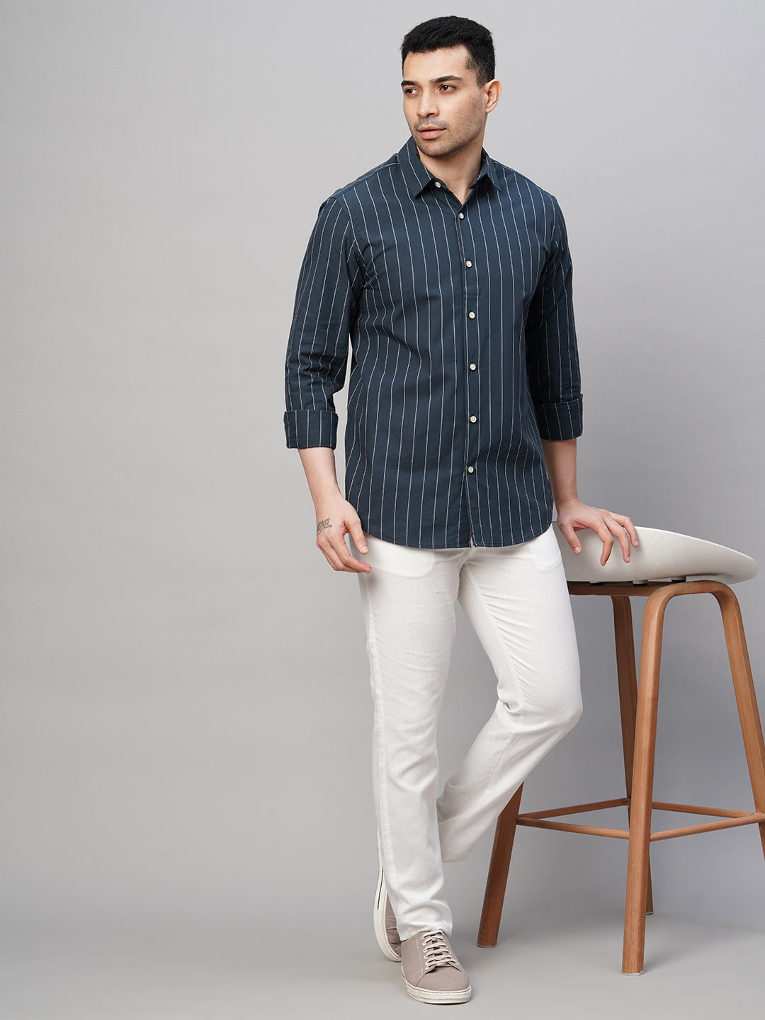 Men's Navy Cotton Slim Fit Striped Shirt