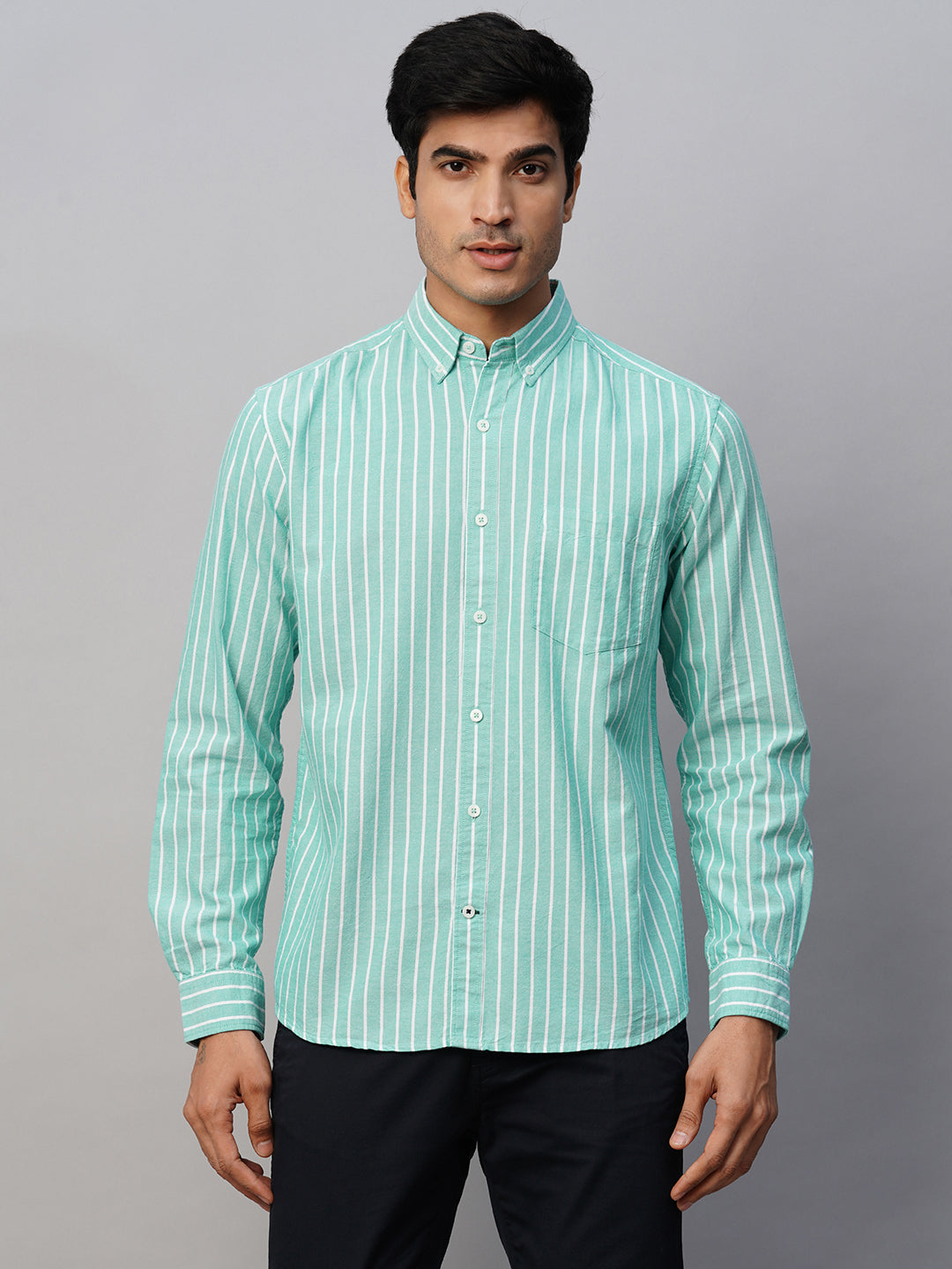 Men's Green Oxford Cotton Striped Regular Fit Long Sleeved Button Down Collar Shirt
