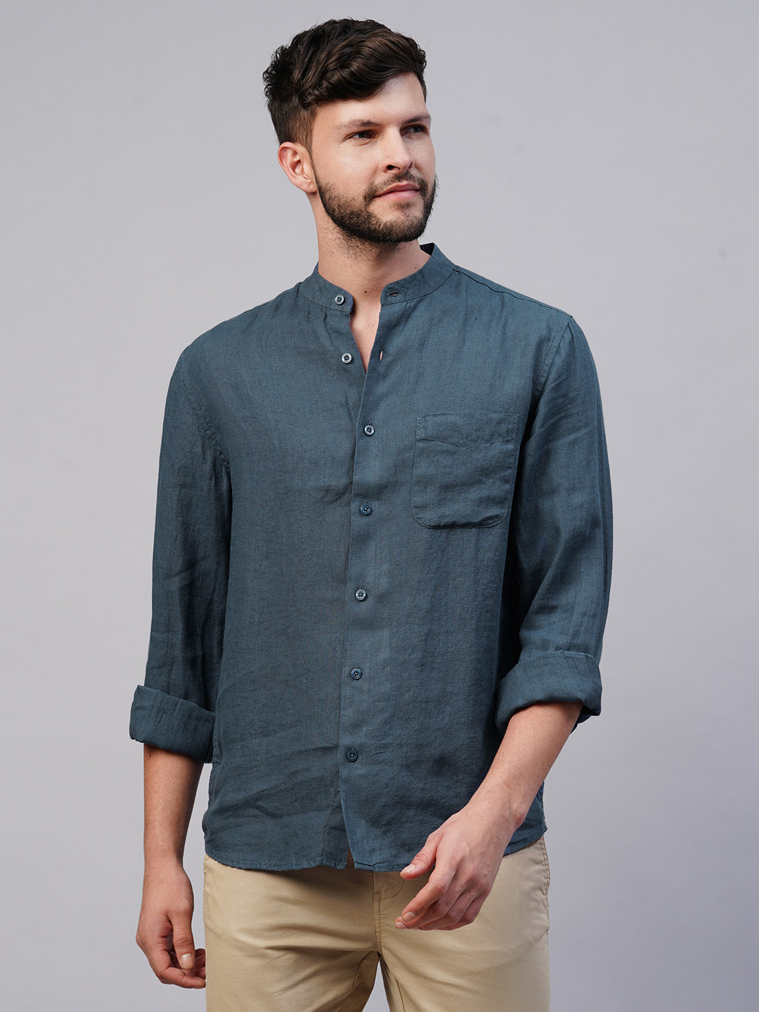 Men's Navy 100% Linen Regular Fit Mandarin Collar Long Sleeved Shirt