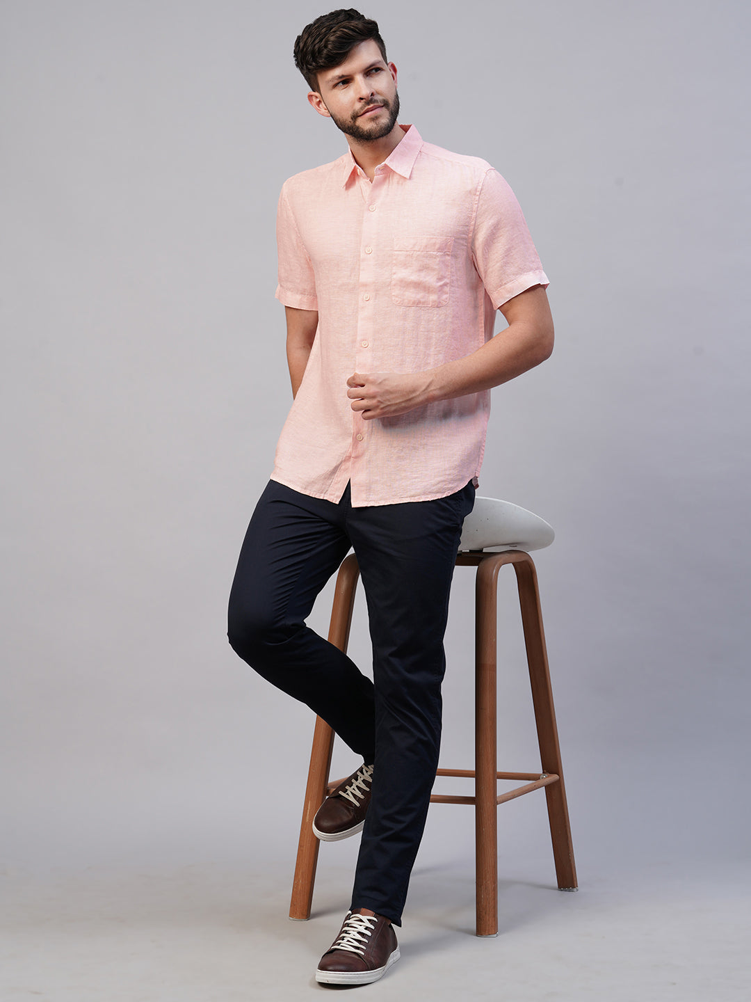 Men's Pink 100% Linen Regular Fit Short Sleeved Shirt