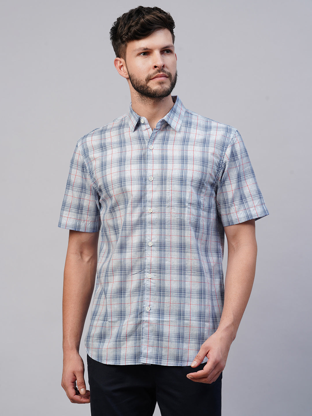 Men's Blue Cotton Lyocell Regular Fit Checked Shirt