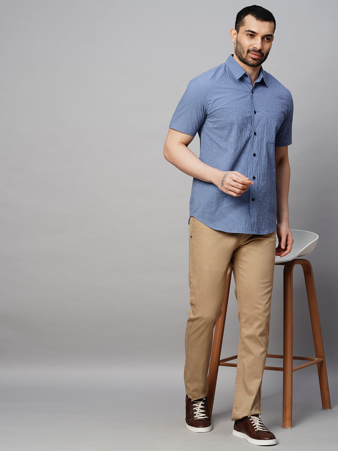 Men's Blue Cotton Lycra Regular Fit Checked Shirt