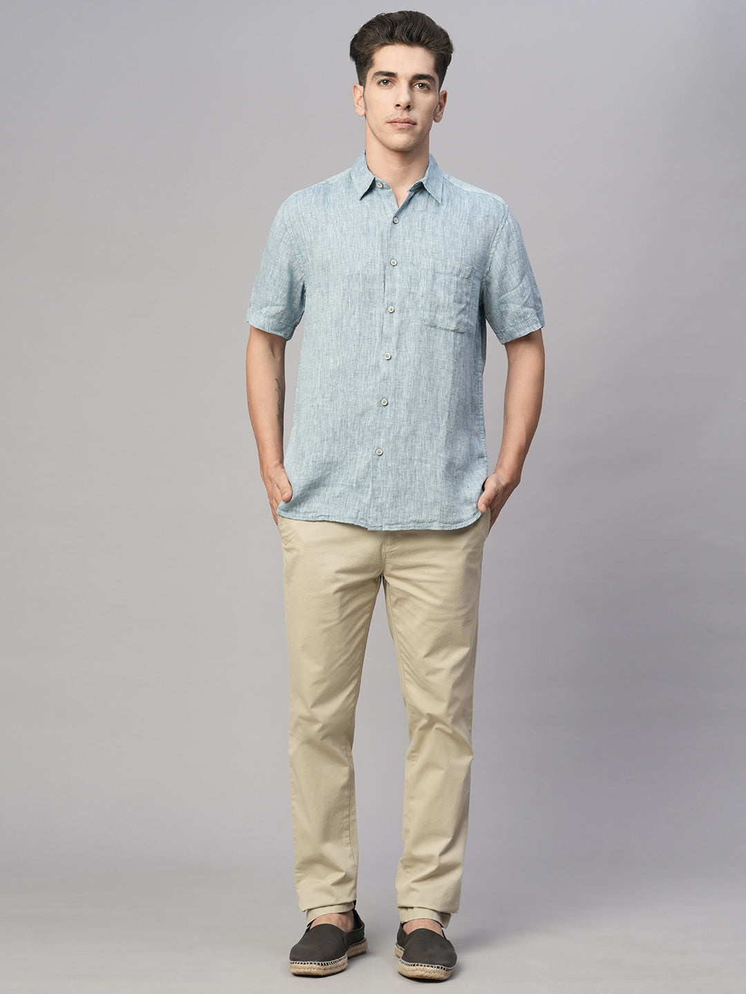 Men's Dk Blue 100% Linen Regular Fit Shirt
