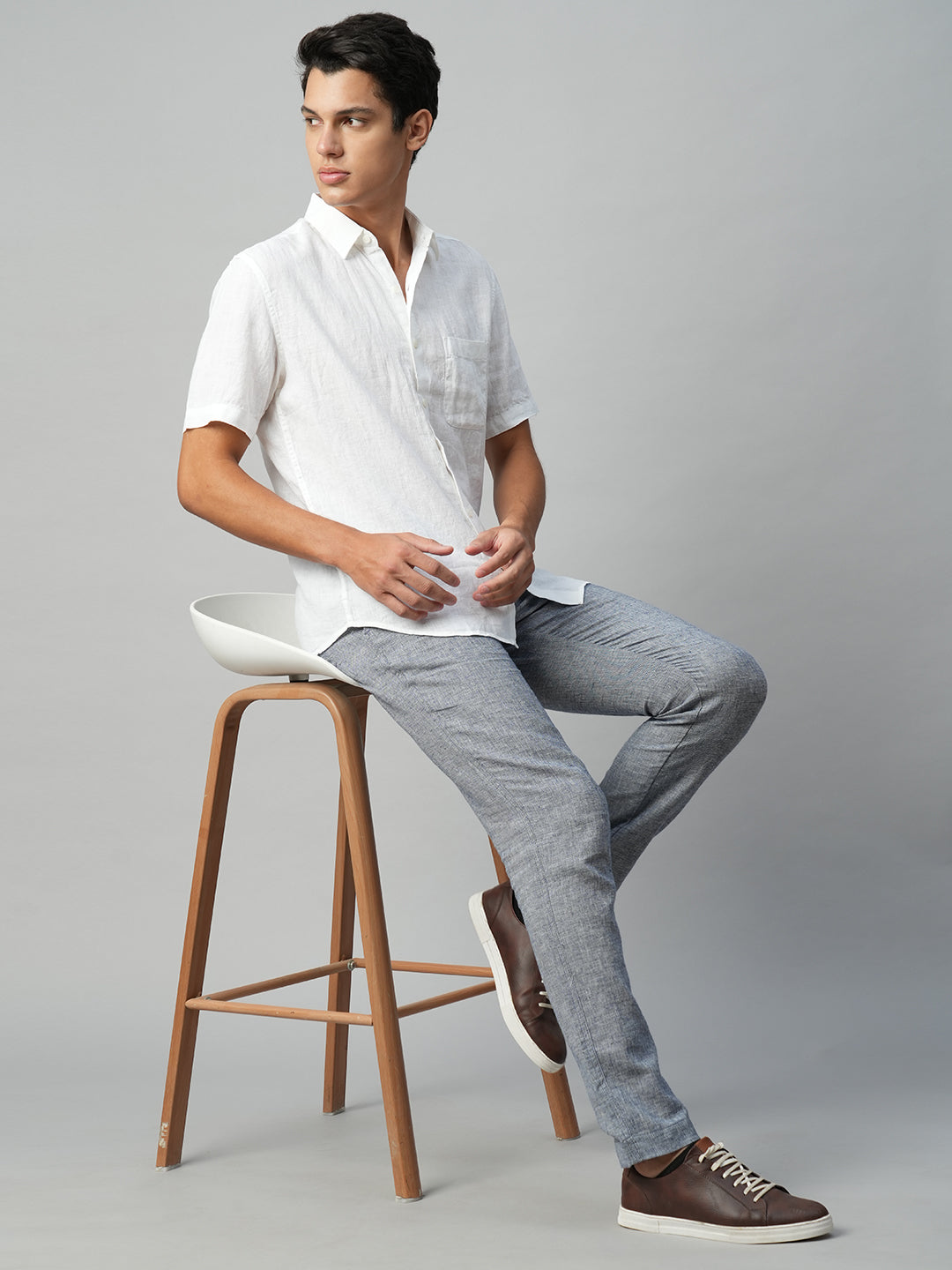 Men's White 100% Linen Regular Fit Shirt