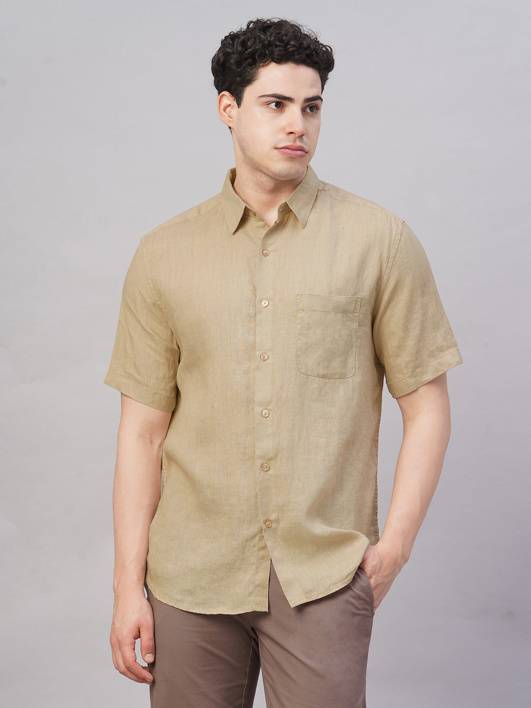 Men's Khaki 100% Linen Regular Fit Shirt