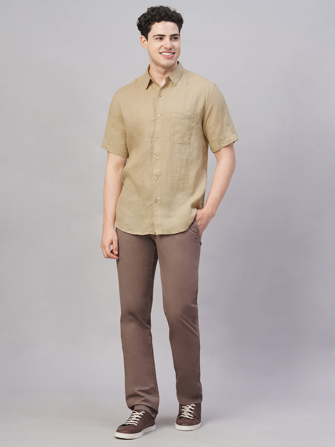 Men's Khaki 100% Linen Regular Fit Shirt