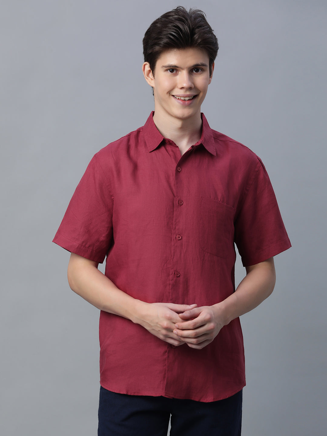 Men's Red 100% Linen Regular Fit Shirt